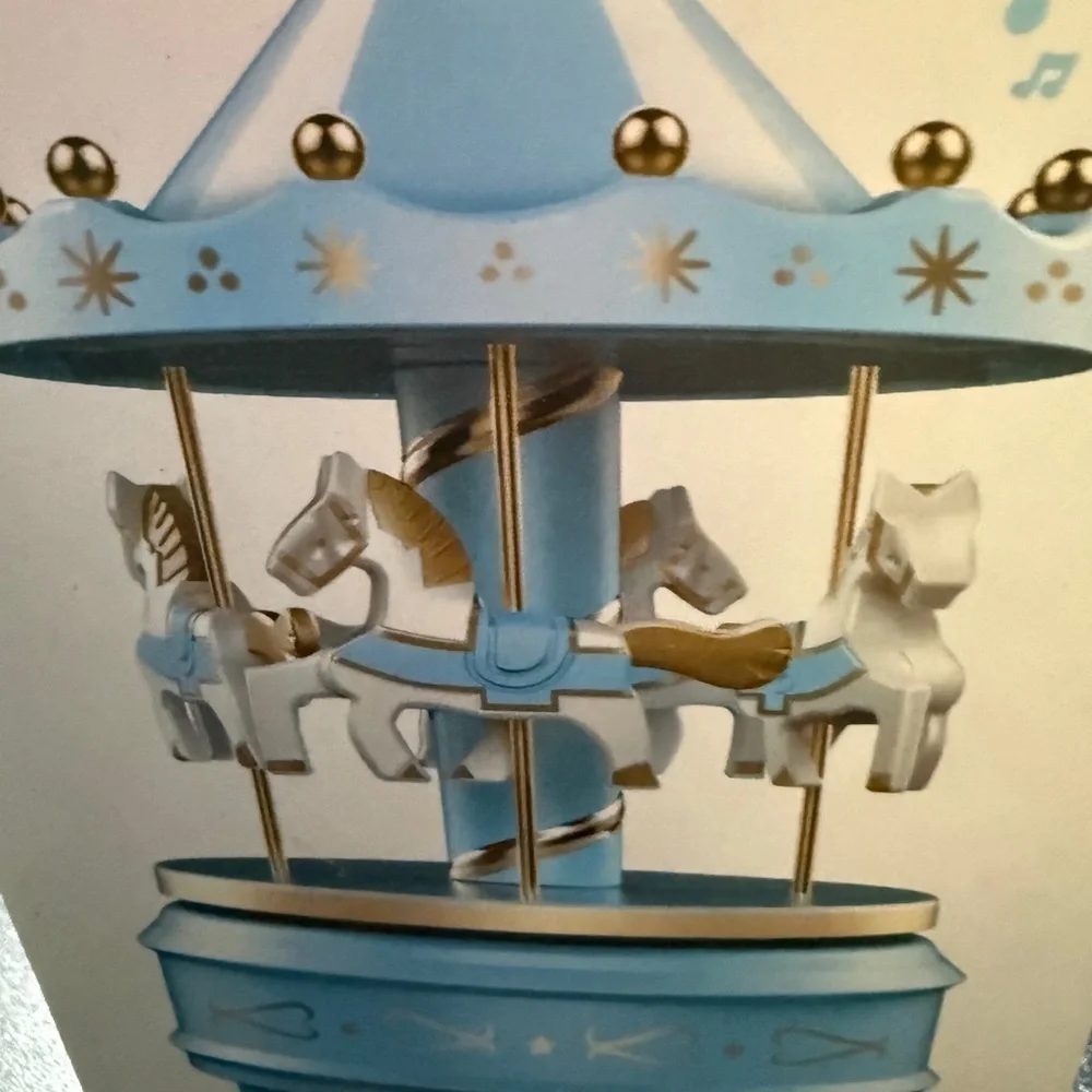 Blue Carousel Music Box Horses Merry Go Round LED lights Birthday Gift NEW